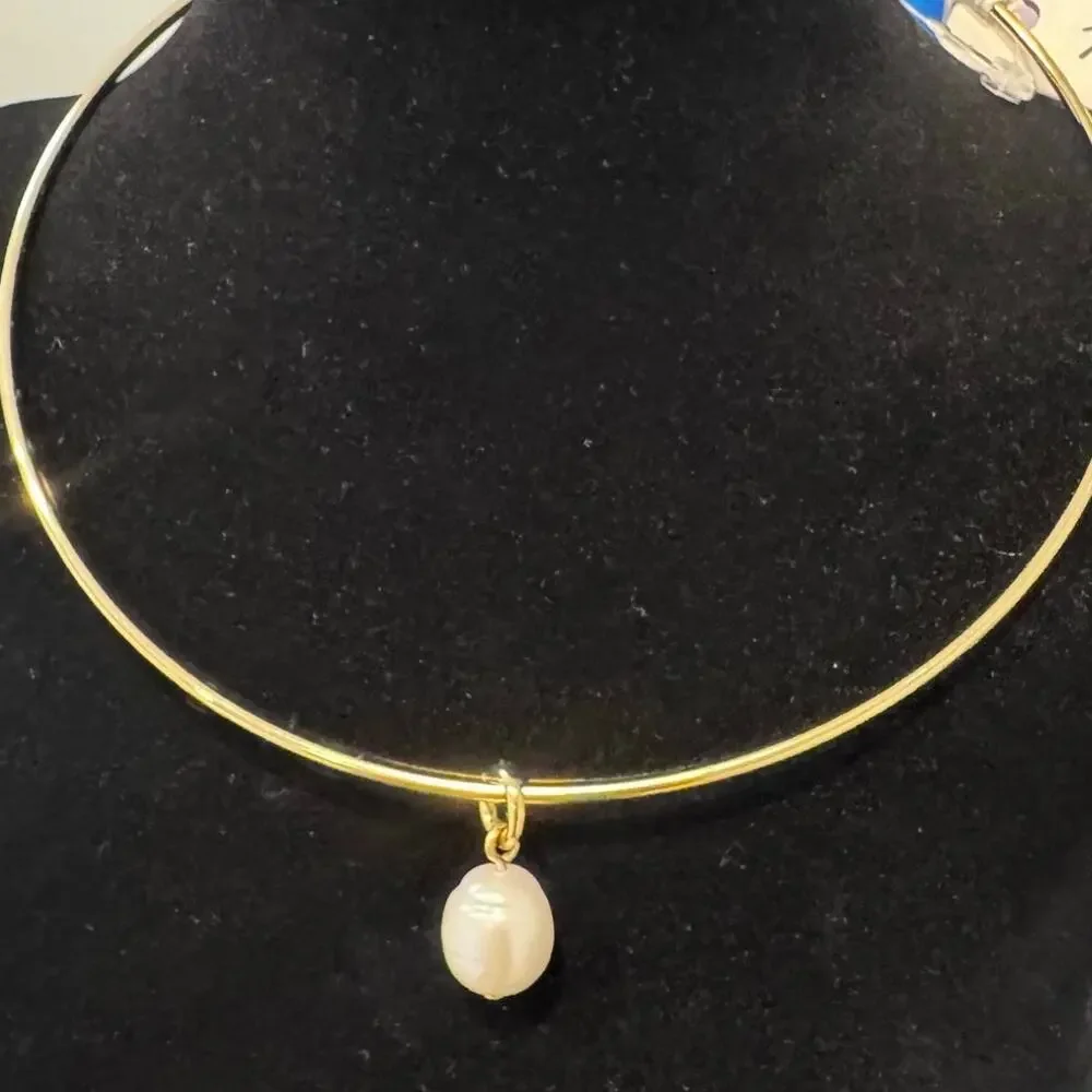 Madewell Crystal Tear Drop Pearl Wire Choker Necklace Antique Gold NWT - Picture 5 of 10